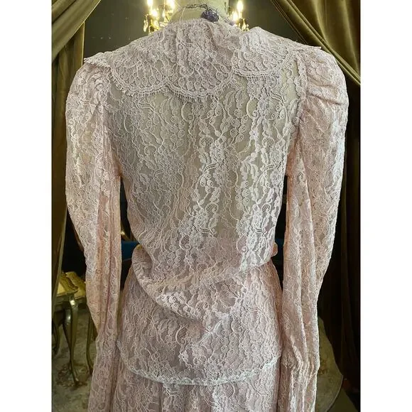 vintage 1980s sheer pink lace suit 80s fashion puff shoulders wrap blouse skirt - Picture 6 of 10